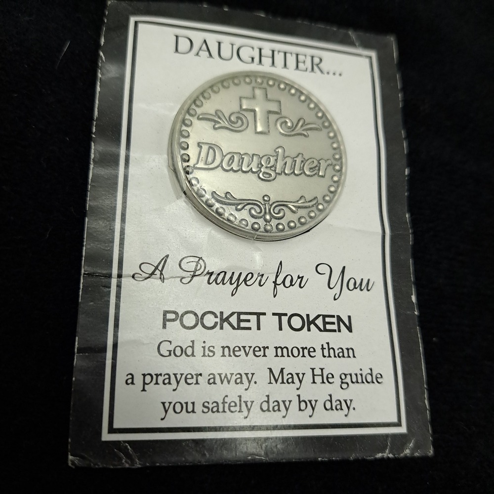 Vintage Ganz Daughter Pocket Token Silver‎ Prayer Coin Cross Religious Keepsake